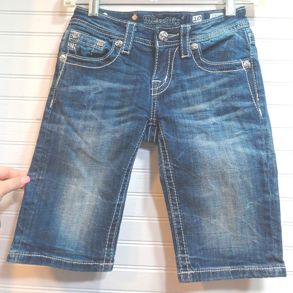Miss Me Bermuda Shorts Girls Size 10 Stretch Denim Embellished Floral Rhinestone